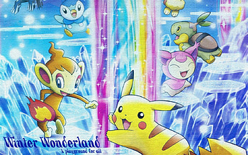 Winter Wonderland, winter, crystal, skitty, chimchar, pikachu, turtwig, rainbow, snow, piplup, ice, pokemon HD wallpaper