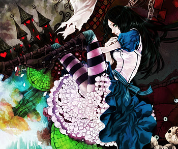 Alice In Wonderland, night, ribbon, dress, dark, alice, hearts, castle, green eye, chains, bow HD wallpaper