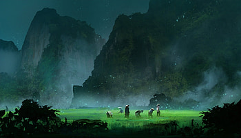 Farmers, farms, valley, fantasy, artwork HD wallpaper