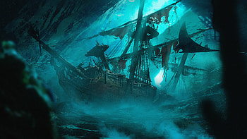 Ghost Ship, sailing ship, Wrecked storm artwork, Moonlight scene HD wallpaper