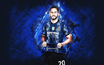 Hakan Calhanoglu, Inter Milan, Turkish footballer, Internazionale, portrait, blue stone background, football, grunge art HD wallpaper