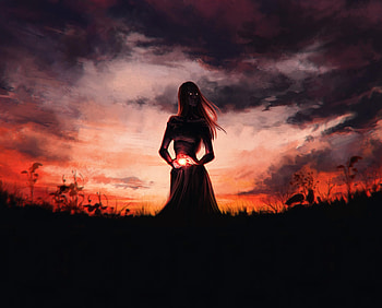 Glowing eyes, fantasy, girl, outdoor, sunset, silhouette HD wallpaper