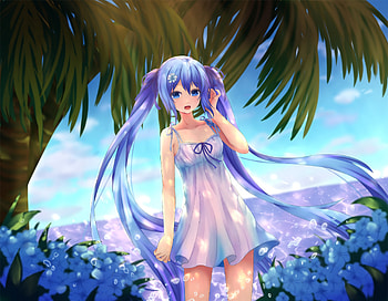 Hatsune Miku, blue, palm, girl, vocaloid, tree, summer, anime, manga, vara HD wallpaper