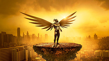 Fantasy, angel, golden, cityscape, digital art HD wallpaper