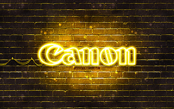 Canon yellow logo, , yellow brickwall, Canon logo, brands, Canon neon logo, Canon HD wallpaper