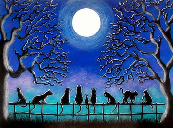 Nine Tails in Blue, blue, tails, cats, colors, paintings, love four seasons, halloween, animals, draw and paint, nine tails, moons HD wallpaper