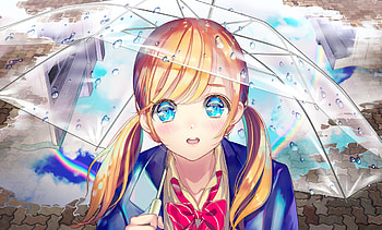 Blonde, anime girl, cute, umbrella HD wallpaper
