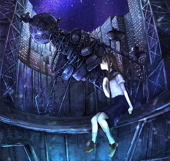 TeleScope, night, black, gloom, gloomy, girl, dark, star, anime girl, darkness, anime, sky, female HD wallpaper