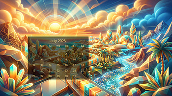 July 2026 Calendar — Crystal Summer Sunrise, July 2026 Calendar HD wallpaper