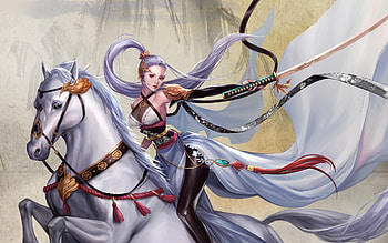 Fantasy girl, horse, white, sword, girl, cal, fantasy, luminos, chaei min, warrior HD wallpaper
