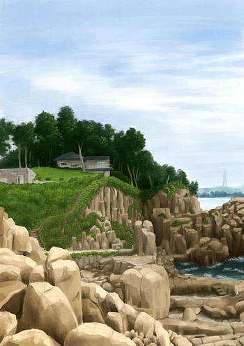 Trees, Art, Rocks, House, Path, Cliff HD phone wallpaper