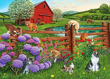 Farm Cats, flowers, barn, painting, fence, kitten HD wallpaper