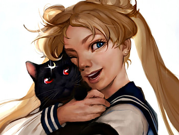 Sailor Moon and Luna, white, black, blonde, art, smile, cat, serenity, anime, nerinfox, sailor moon, luna, manga HD wallpaper