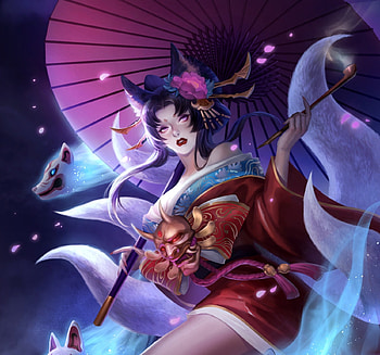 Kitsune, blue, mask, parasol, geisha, ahri, girl, fox, t kim, pink, tkim, fantasy, red HD wallpaper