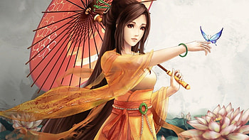 Asian beauty, Long hair, Lotus, Butterfly, Umbrella HD wallpaper