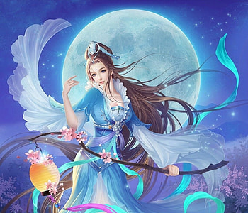 Fantasy girl, blue, white, frumusete, girl, moon, fantasy, luna, luminos, lantern HD wallpaper