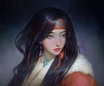 Girl, yusheng zhang, red, gorgeous, face, blue, frumusete, art, earring, jewel, superb HD wallpaper
