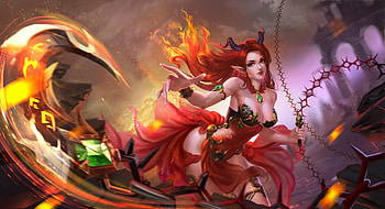 Demoness, frumusete, horns, girl, hand, demon, yueran li, fantasy, red, redhead, luminos, fire HD wallpaper