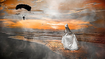 Standing By My Word, sea, digital, art, parachute, beach, woman HD wallpaper
