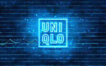 Uniqlo blue logo, , blue brickwall, Uniqlo logo, brands, Uniqlo neon logo, Uniqlo HD wallpaper