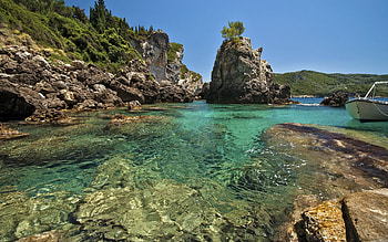 azure lagoon, turquoise bay, sea, summer, rocks, azure bay, coast, seascape HD wallpaper
