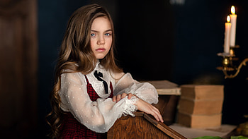 Long Hair Blue Eyes Cute Little Girl Is Wearing White Red Dress Standing In Dark Background Cute HD wallpaper