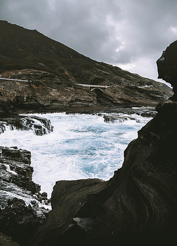 Nature, Sea, Waves, Rocks, Coast, Bridge HD phone wallpaper