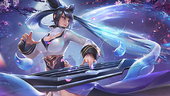 Fantasy girl, blue, purple, instrument, fantasy, san hua, luminos, girl HD wallpaper