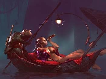 SAILING THROUGH THE NIGHT, night, boat, red satin cushions, toad, marshland, lamp, girl HD wallpaper