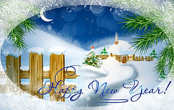 New year card, winter, wishes, peaceful, nice, snowflakes, holiday, moon, snow, fence, new year, house, landscape, beautiful, tree, mountain, cabin, happy new year, pretty, branches, sky, card, cottage, lovely HD wallpaper