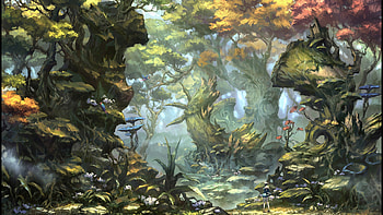 jun donghi li art work, birds, woods, trees, flowers, girl, forest HD wallpaper