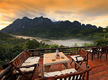 Terrace, river, place, landscape, beautiful, restaurant, sky, amazing, mountains HD wallpaper