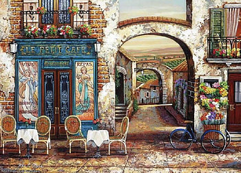 Lovely cafe, table, plants, window, balcony, chairs, cobblestone, cafe, street, bike, building, flowers HD wallpaper