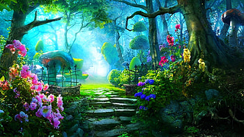 My Garden :), trees, stairs, flowers, painting HD wallpaper