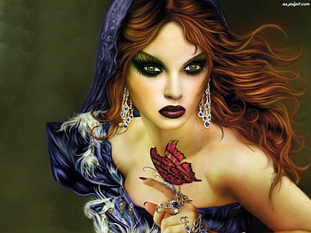 Woman In Purple, jewlery, feathers, butterfly, red hair, green eyes, woman HD wallpaper