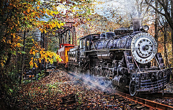 Train's coming, artwork, leaves, painting, autumn, trees, locomotive, railroad HD wallpaper