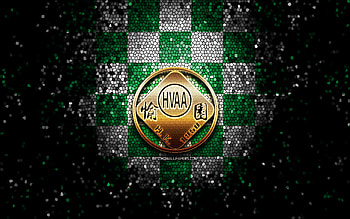 Happy Valley AA, glitter logo, Hong Kong Premier League, green white checkered background, soccer, Hong Kong football club, Happy Valley AA logo, mosaic art, HVAA logo, football, Happy Valley AA FC HD wallpaper