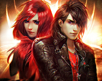 Fantasy couple, black, art, man, girl, tincek marincek, woman, amaranthine story, red, couple, guy HD wallpaper