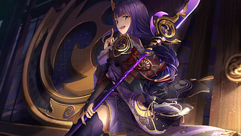 Baal Raiden Shogun Purple Trident Genshin Impact HD wallpaper