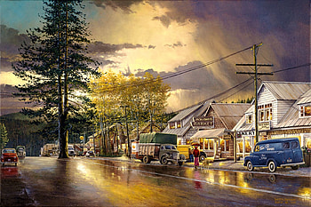Tahoe City, artwork, painting, cars, clouds, street, sky, houses, tree HD wallpaper