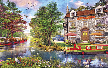 Riverside Inn, reflections, river, car, house, ships, ducks, artwork, swans, digital, trees, clouds, sky, flowers, water HD wallpaper