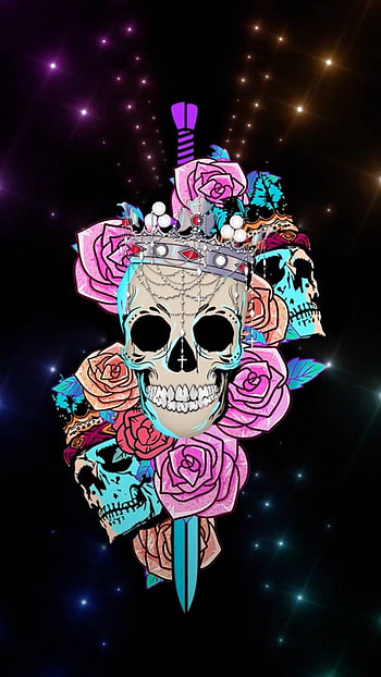 Skulls and Flowers, colors, flower, drawing, dark, skull HD phone wallpaper