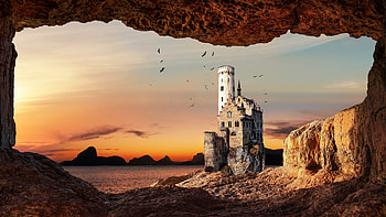Castle, architecture, sunset, coast HD wallpaper