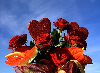 Red Roses, Red Hearts, blue sky, red roses, red hearts, tropical flowers HD wallpaper
