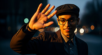 Night Wave — Urban Greeting, Waving, Portrait, Glasses, Hat HD wallpaper