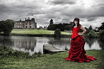 Red dress, castel, colors, beauty, abstract, trees, models female, color, other, girl, beautiful, tree, lake, lakes, women, princess, model female HD wallpaper