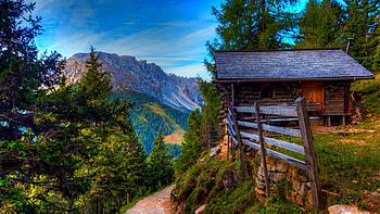 Mountains at Spring, trees, landscape, forest, cabin, sky HD wallpaper