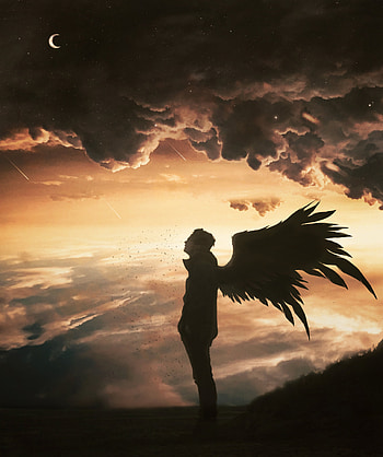 Fallen angel, sky, surreal, half moon, imagination, space, cloud, sunlight, sad angel, sunset, silhouette, hop angel, wing, day HD phone wallpaper