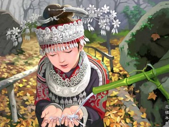 Quenching a Thirst, thirsty, art, oriental lady, autumn, flowers, water HD wallpaper