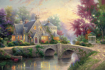 Summer river, Gazebo, Lights, Colorful, Art, Cottage, River HD wallpaper